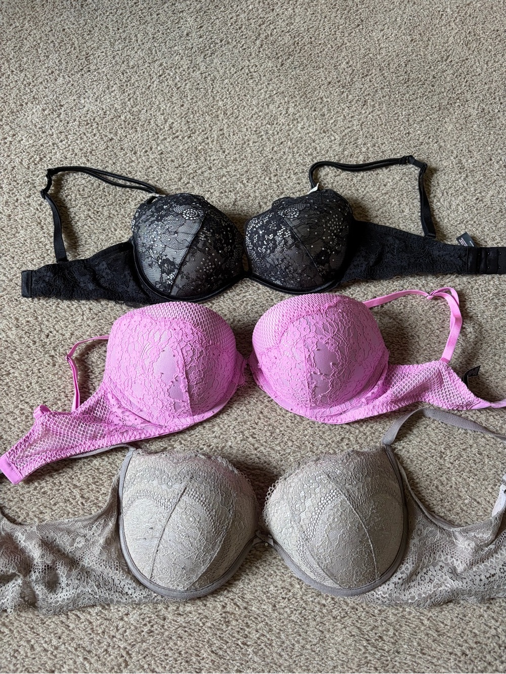 Victoria's Secret Lace Push-Up Bra Set - Black, Pink, Taupe